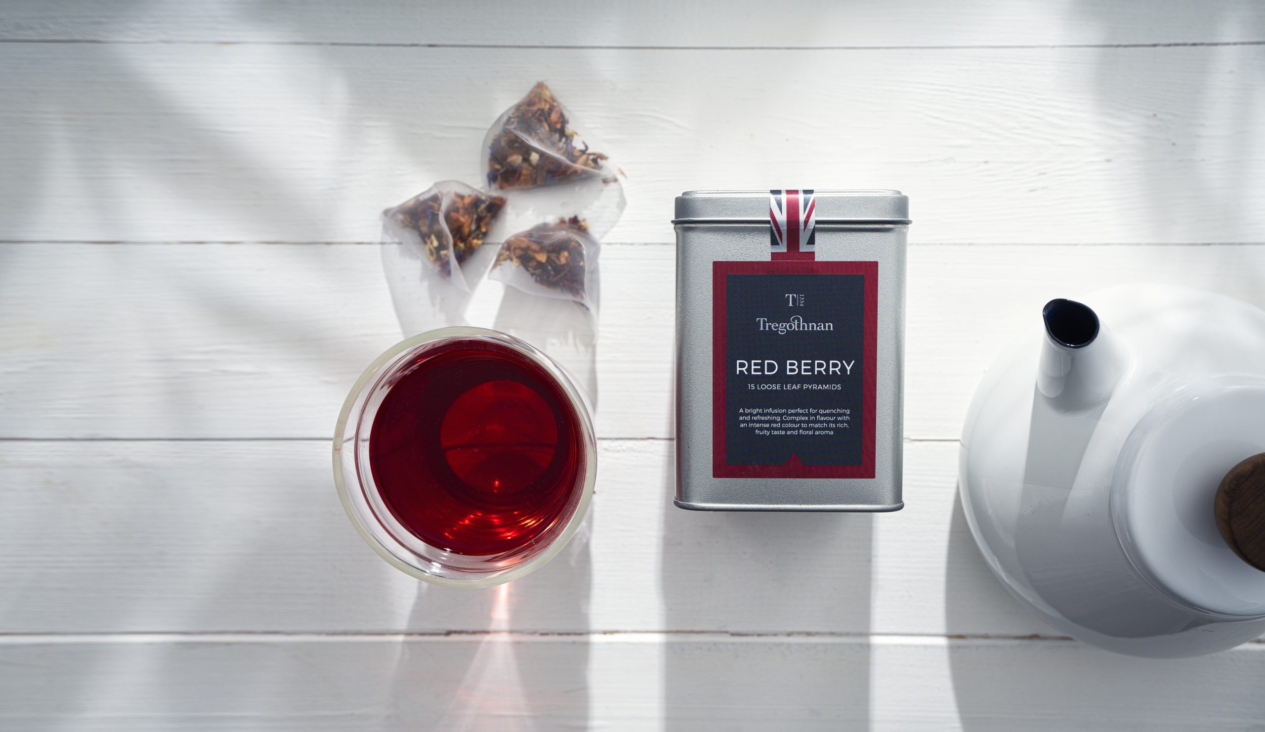 Tregothnan Red Berry Tea , szklanka Hario i czajnik