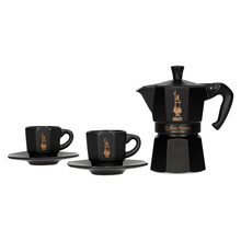 Bialetti Zestaw kawiarka Moka express 3tz czarna z miedzianym logo + 2 filiżanki do espresso ze spo